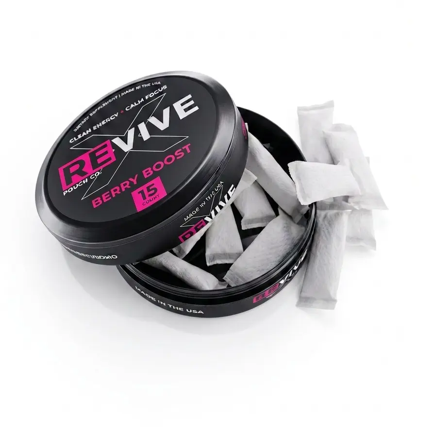Revive X Energy Revive Pouch - Caffeine Blend with L-Theanine, L-Tyrosine, Magnesium - No Jitters, No Crash - Focus Support, Mental Alertness, Clean Boost - Oral Berry Flavor - Pre Workout Alternative - Healthcare Vitamin Supplement for Fitness, Sport, Su
