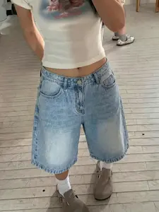 Women's Loose Fashion Straight Leg Bermuda Shorts, Casual Blue Shorts, All Seasons, Slim-Fitting, Plain Pattern, Comfortable and Stylish