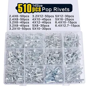 510pcs Pop Rivets Assortment Kit G,14 SAE Sizes Aluminum Rivets (3/32" 1/8" 5/32" 3/16" 1/4"), Assorted Blind Rivets