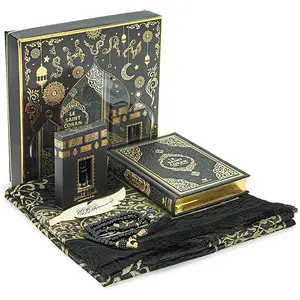 Ihvan Online Prayer Gift Set for Hajj and Umrah, Muslim Prayer Rug, Prayer Mat, Beads Taasbih, Holy Quran Translated French, Muslim Praying Mat, Islamic Gift Set for Ramadan & Eid, Black ihvan ihvan