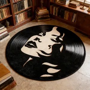 Vintage Beauty Portrait Vinyl Record Round Carpet Mat, Soft Plush Washable Rug for Living Room Bedroom, Home Decor