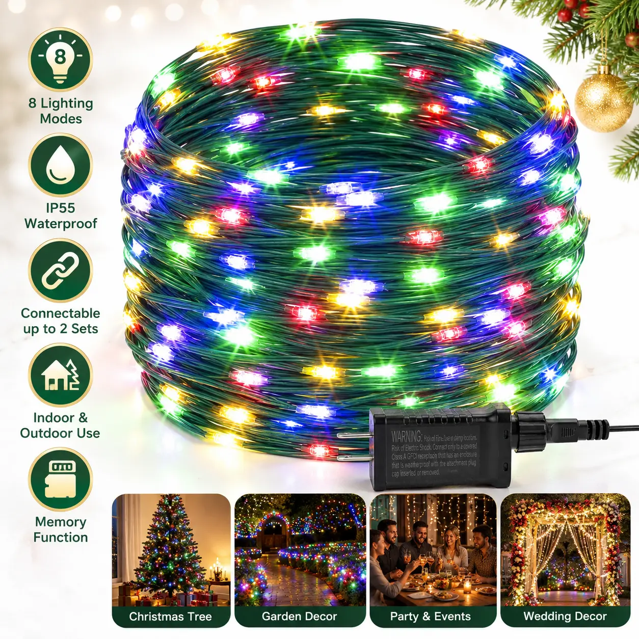 Waterproof LED Outdoor String Lights, 96Ft/200Ft Color Changing Fairy Lights with 8 Modes, Memory Function, Connectable Plug-in Lights for Christmas Tree, Garden, Patio, Party, Wedding, Indoor & Outdoor Decor