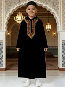 Boys' Black Hooded Thobe with Luxury Traditional Ethnic Embroidery - Kids Islamic Jubba for Ramadan & Eid