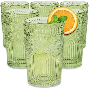 Vintage Textured Sage Green Striped Drinking Glasses Set of 6, Ribbed Flower Design, 13 oz Cocktail Water Tumblers Glassware Set