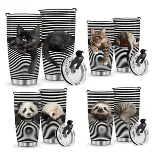 20Oz stainless steel cup with lid - thermal insulation, leak-proof coffee for cat powder - black cat/panda/sloth design - perfect gift for Christmas, birthday and Mother's Day Stainless Steel Rooster Tumbler Stranger cecily bottle Insulated Sports Bottle