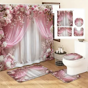 4pcs Floral Shower Curtain Set, Elegant Cherry Blossom Flower Design, Waterproof with Hooks, Bathroom Decor Kit, Gift Idea