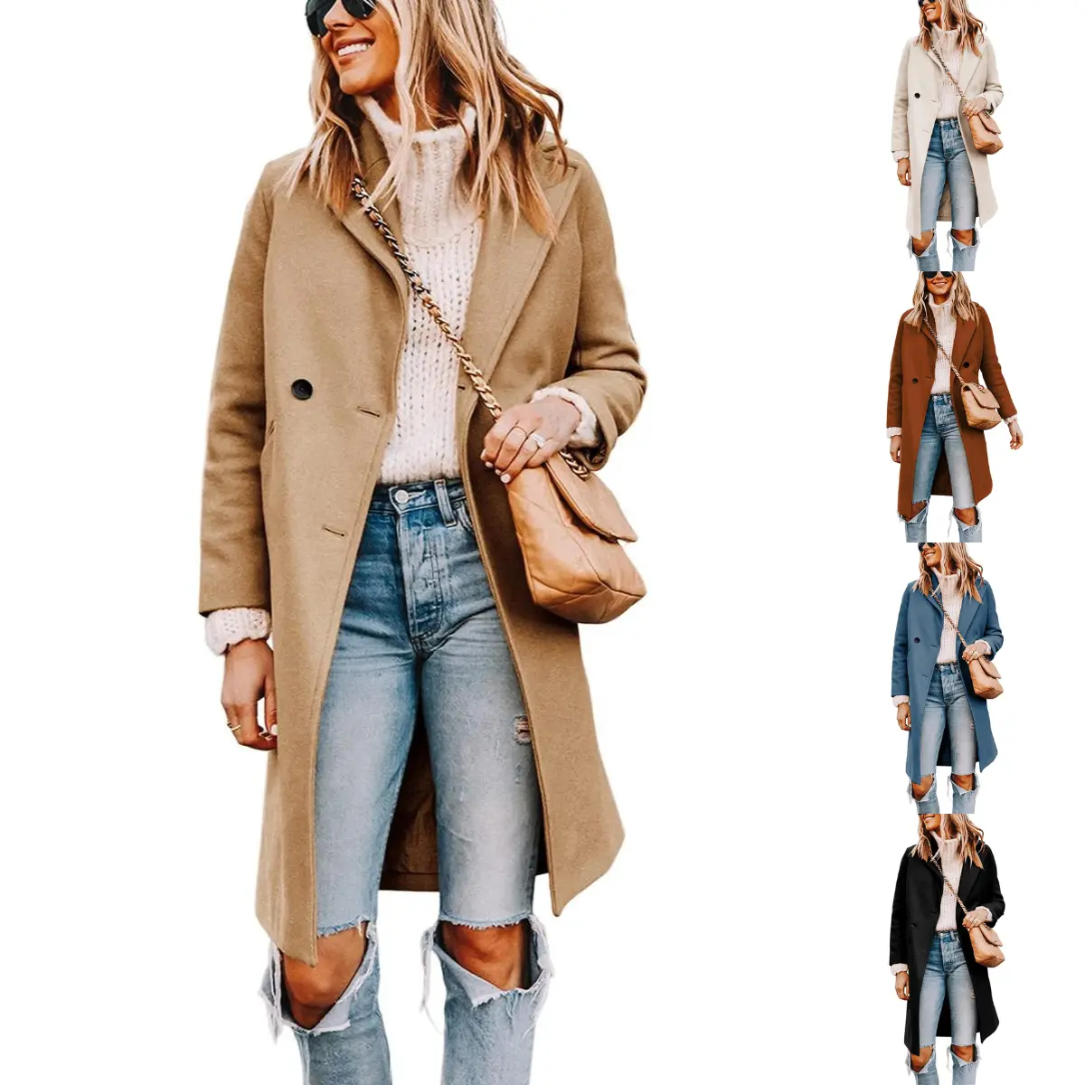 Kingapril Women's Classy Fitted Long Sleeve Notch Lapel Double-Breasted Wool Blend Mid-Long Pea Trench Coat Outerwear, Soft Fabric Jackets, Collared, Slim Fit, Cozy Fabric, Soft Wood‑Blend