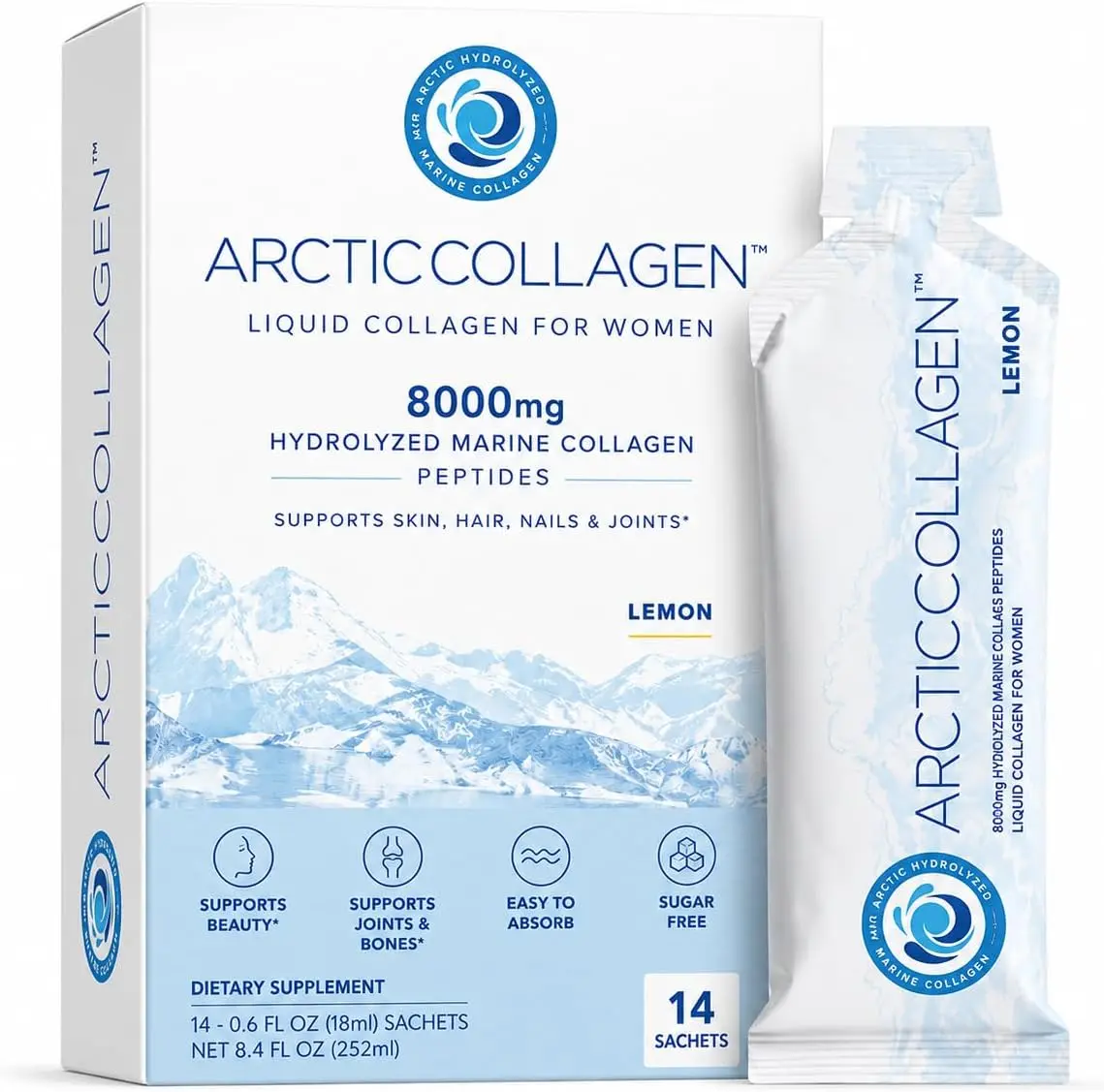 ArcticCollagen Marine Collagen Liquid 8000 mg Hydrolyzed Collagen with Hyaluronic Acid & Vitamin C for Total Glow & Wellness Choose Lemon or Strawberry Flavor Edible Collagen Supplement