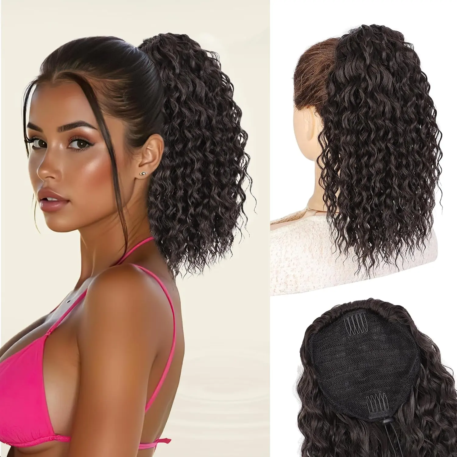 MOCA Black Drawstring Ponytail Extension for Women 14 Inch Curly Soft Synthetic Ponytail Extensions Short Natural Looking Synthetic Ponytail Tail Hair Piece for Girls Daily Party Wear(Light Brown/Brown Black)