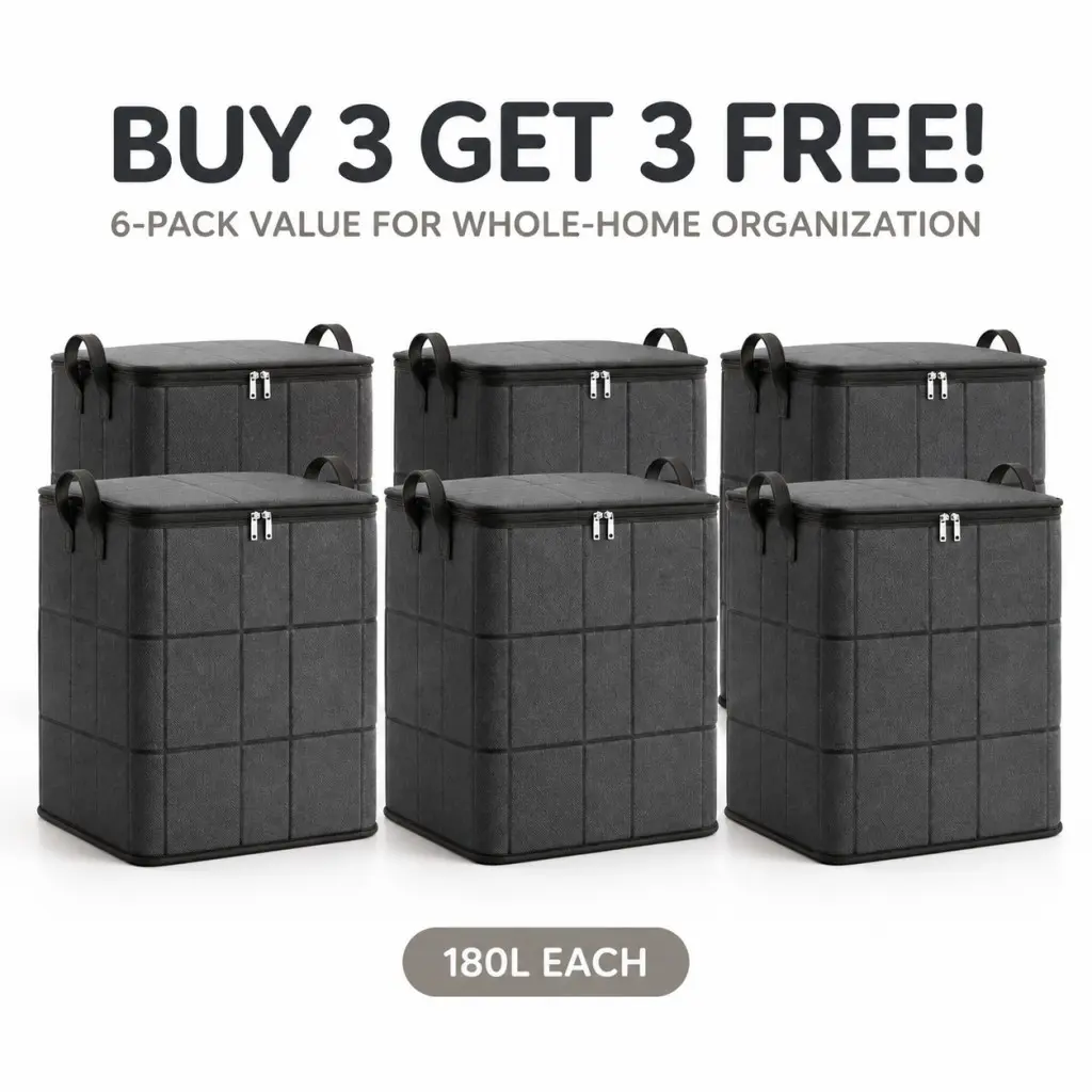Buy 3 Get 3 Free! 180L Large Heavy Duty Storage Bag with Reinforced Stitching, Dust & Moisture Proof Organizer for Clothes, Quilt & Bedding, Zipper Closure Storage Sack for Apartment, Bedroom and Dorm Home Organization