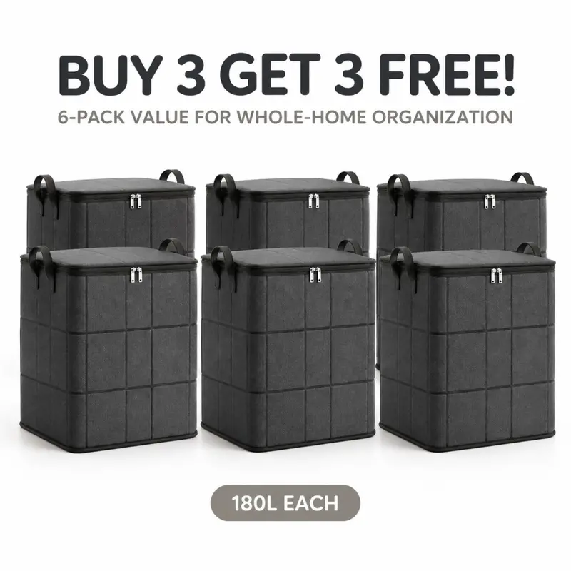 Buy 3 Get 3 Free! 180L Large Heavy Duty Storage Bag with Reinforced Stitching, Dust & Moisture Proof Organizer for Clothes, Quilt & Bedding, Zipper Closure Storage Sack for Apartment, Bedroom and Dorm Home Organization