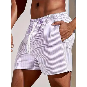 Men'S Casual Striped Shorts with Drawstring Waist & Pockets - Light Blue White Vertical Stripes, Non-Stretch Fabric for Summer Beach Vacation Attire, Menswear Polyester