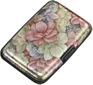 Mini RFID Aluminum Wallet Credit Cards Holder Business Card Case Metal ID Case for Men Women（Happy Flower