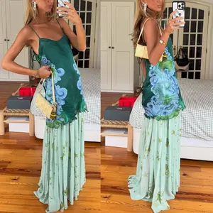 Women's 2-Piece Chiffon Skirt Set - Plus Size Casual Plants-Printed Satin Top, INS Cross-Border Fashion, In-Stock Spring/Summer Womenswear