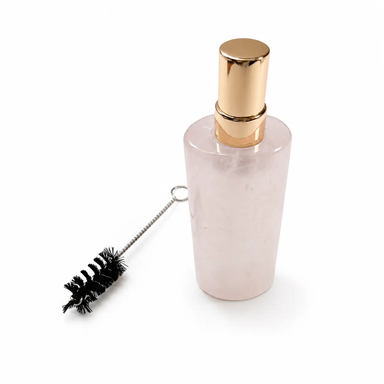 Natural Rose Quartz Lotion Dispenser Bottle with Gold Pump and Cleaning Brush, Refillable Gemstone Cosmetic Container in Drawer Gift Box for Essential Oils Serums, Aesthetic Spa Vanity Gift for Women