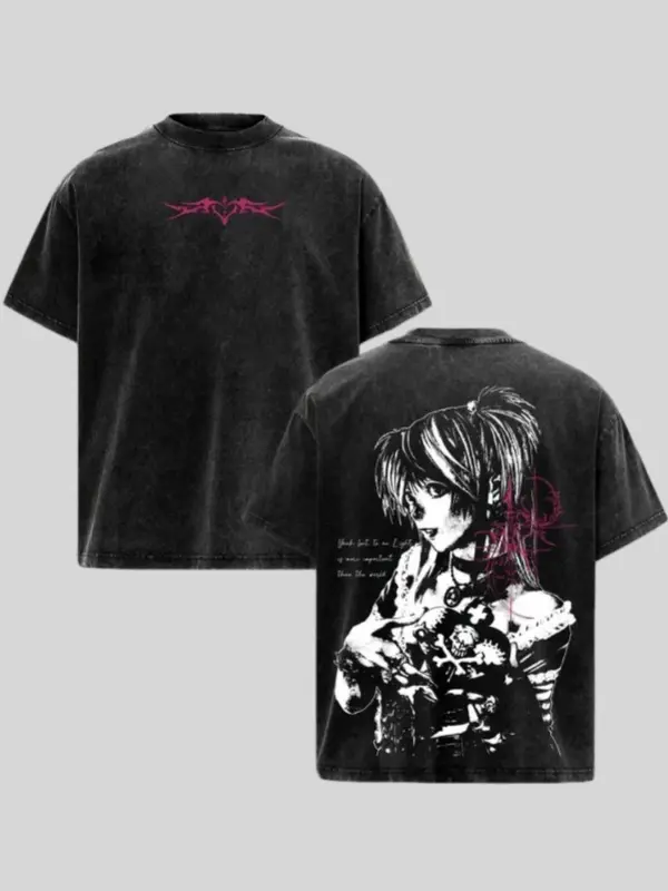 Vintage Acid Washed Double Sided Dark Anime Girl Graphic T Shirt Pink Thorn Heart Chest Print Skull Figure Portrait Text Back Print Oversized Drop Shoulder Cotton Short Sleeve Alt Goth Streetwear Unisex Casual Top Emo Aesthetic Fan Gift Man Tshirt