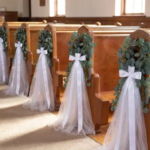 24 Set Wedding Aisle Chair Decorations White Tulle Chair Sashes with Artificial Eucalyptus Vines,  Rings and Ribbon for Ceremony, Church Pew, Bridal Shower, Boho Wedding Decor