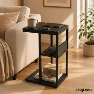 KingOasis C-Shaped Side Table with Storage – Slim End Table for Sofa, Bedside & Small Spaces
