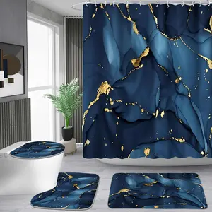 1/4 piece blue gold gilt fluid pattern shower curtain set, waterproof shower curtain with 12 hooks, non-slip bathroom carpet, toilet U-shaped cushion, toilet seat cover cushion, bathroom shower curtain set, perfect moving gift.