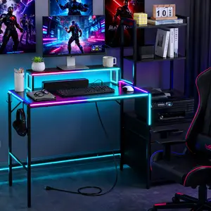 59 Inches I Shaped Reversible Gaming Desk with Power Outlet, Computer Desk with Monitor Stand, Home Office Desk with Shelf & Storage Drawers & Hook for Dorm & Apartments, Grey / Black