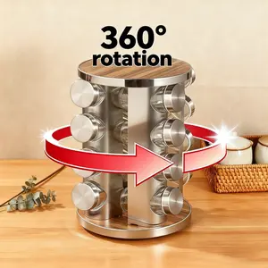 360 Degree Rotating Stainless Steel Spice Rack Kitchen Organization, Multi-Layer Thick Glass Jars, Silver Color Condiment Bottle Storage Set, No Drilling Required