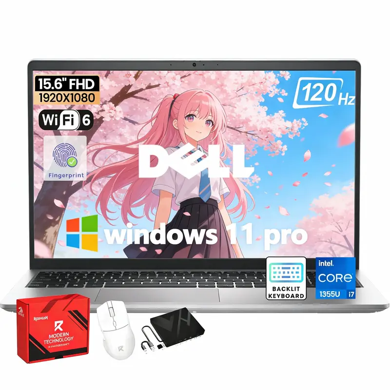 Dell DC15250 15.6 Laptop | FHD IPS Anti-Glare Display 120Hz |  Intel 10-Core i7-1355U | Up to 64 GB RAM, 2 TB SSD |  Backlit KB |  Webcam | Finger Print |  Wi-Fi 6 |  Windows 11 Pro | w/Accessories