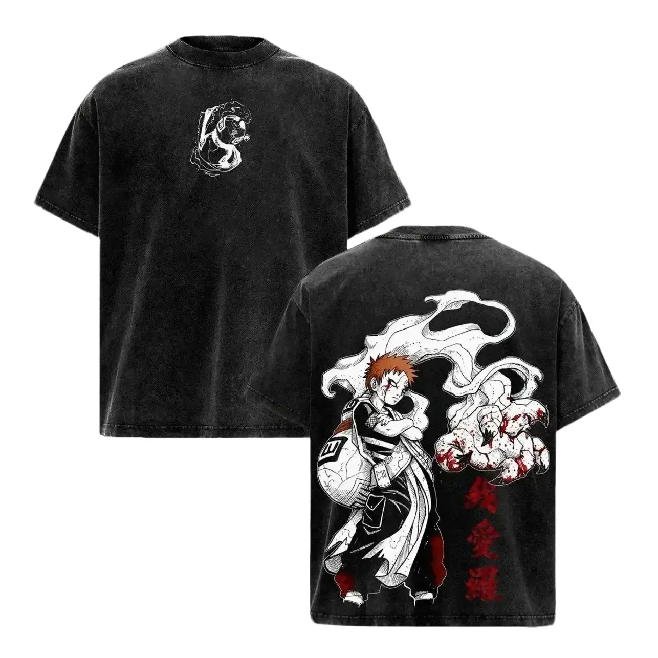 Gaara Vintage Washed Tee – Naruto Anime Double Printed Graphic T-Shirt, Unisex Oversize Anime Manga Streetwear Heavyweight Cotton Wash Tee, Gift for Anime Fans J5W