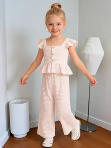 Toddler Girls Summer New Striped Ruffle Sleeve Set, Knit Cami Top + Wide Leg Pants 2-Piece Outfit, Sweet Cute Versatile Clothes, for 2-7 Years Old Girls, Daily/Vacation/Outing Wear, Summer Clothing Set, Summer Outfits Set