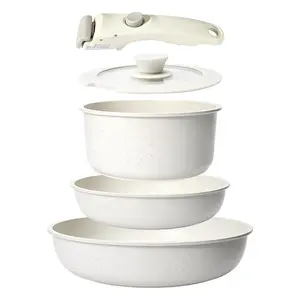 5Pcs Pots and Pans Set Non Stick, Cookware Sets Nonstick Detachable Handle, Induction Kitchen Set Removable Handle, RV Cookware set, Oven Safe, Healthy, Non Toxic, Cream White