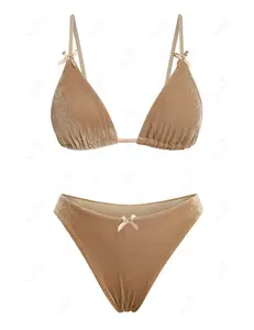 ZAFUL Bikini Sets for Women Mesh Velvet Thong Two Piece Swimsuit Triangle High Cut Bathing Suit Open Tie Back String Swimwear
