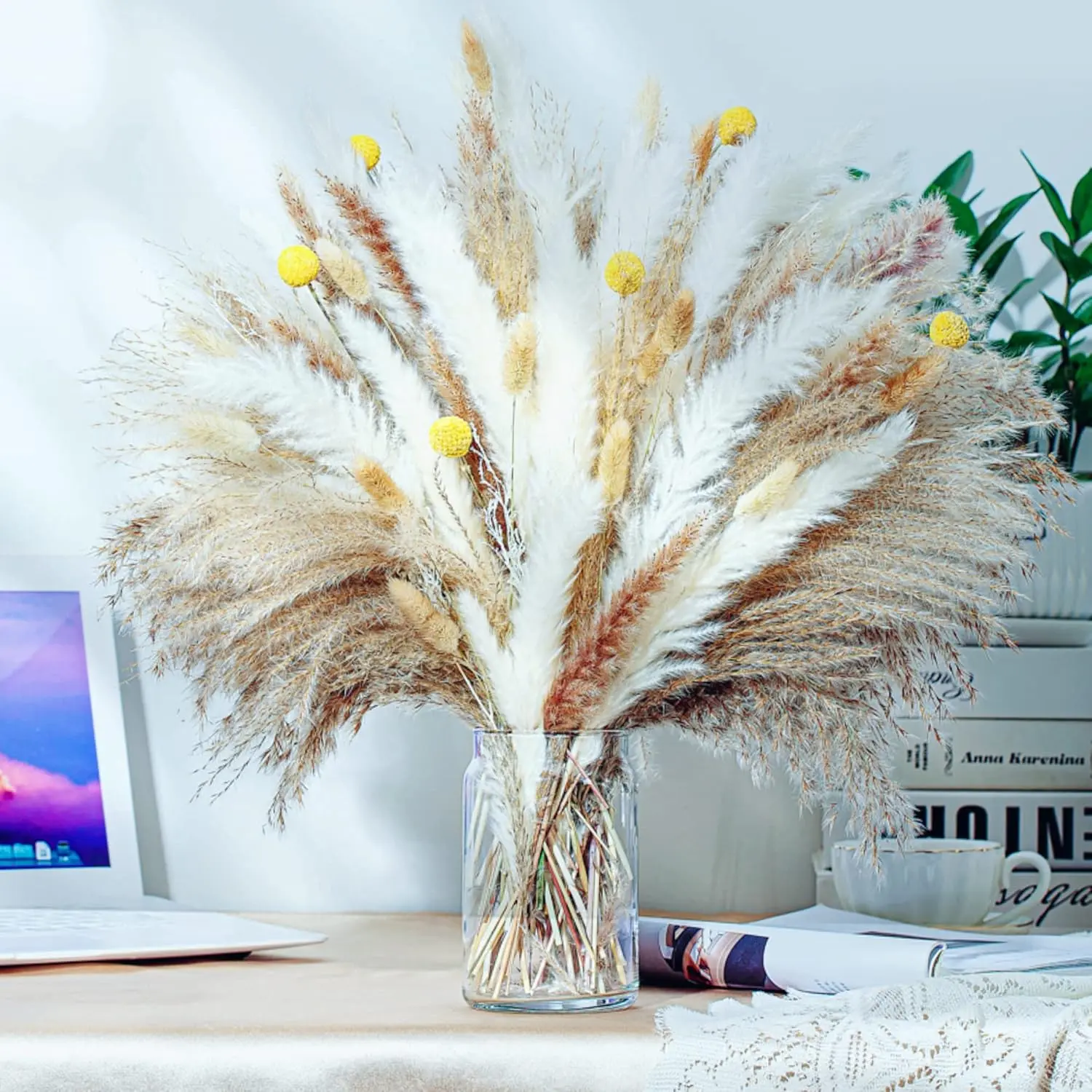 100PCS Natural Dried Pampas Grass Decor - 17.5" Fluffy Pampas Grass Bouquet - Boho Home Decor Dried Flowers for Wedding Floral Room Home Party Table Decorations four-season