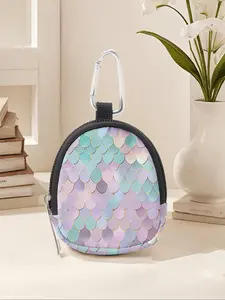 Colorful Fish Scale Pattern Mini Wallet, Lightweight Zipper Coin Purse with Hook Clip, Earphone Key Bag for Men and Women
