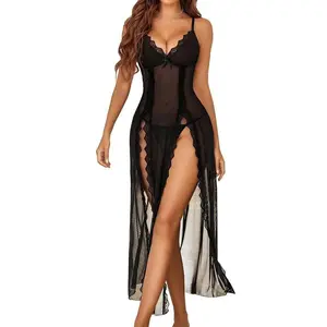 AgeRose Women's Lace Mesh Backless Sleep Dress, V-Neck Side Slit Elegant Loungewear, Comfortable All-Season Slip Dress Black Nightwear