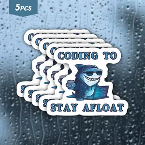 5Pcs Coding Shark "Coding To Stay Afloat" Waterproof Vinyl Sticker, Self-Adhesive Decal, Suitable For Water Bottles, Laptops, Cars, Tablets, Ideal For Programmers, Developers And Tech Enthusiasts