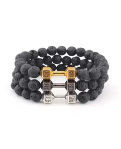 Sports Dumbbell Lava Stone Beaded Elastic Bracelet For Men's Daily Wear - 1pc Black Beads Gold & Silver Dumbbell Design