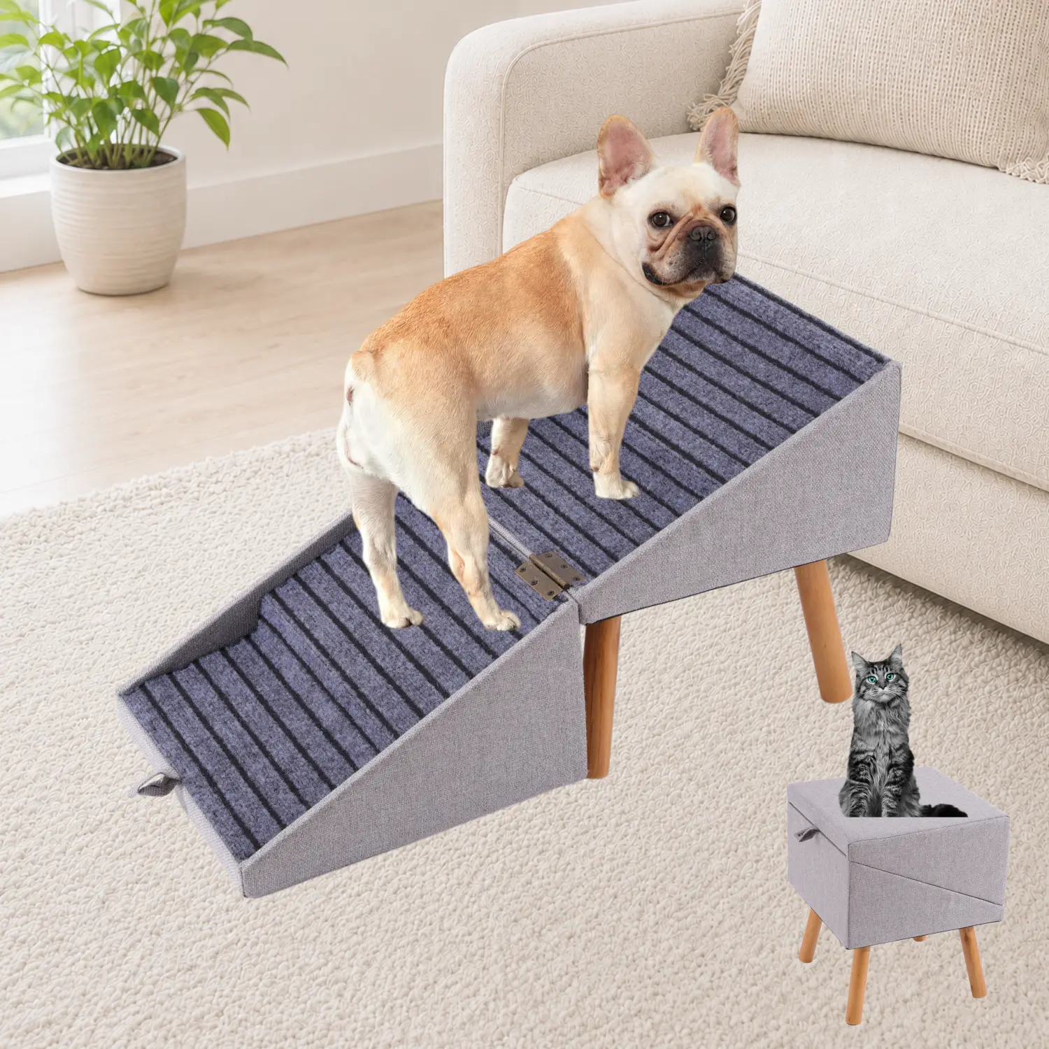 17'' Dog Stairs Ramp for Couch | Ziluce Pet Steps Wooden Ottoman Ramp for Sofa or Short Bed, for Senior,Small, Medium Dogs, Frenchbull, Dachshund, IVDD | 2-in-1 Convertible Home Step Stool with Wood Foot