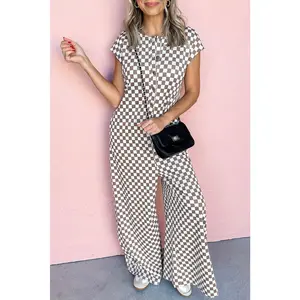 Khaki Checkered Print Buttoned Crew Neck Wide Leg Jumpsuit
