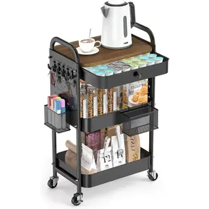 ALVOROG Rolling Cart with Drawer and Wood Table Top, 3 Tier Metal Rolling Utility Cart on Wheels with DIY Pegboards, Hanging Baskets, Hooks for Bedroom,Office,Craft Supplies (Black)