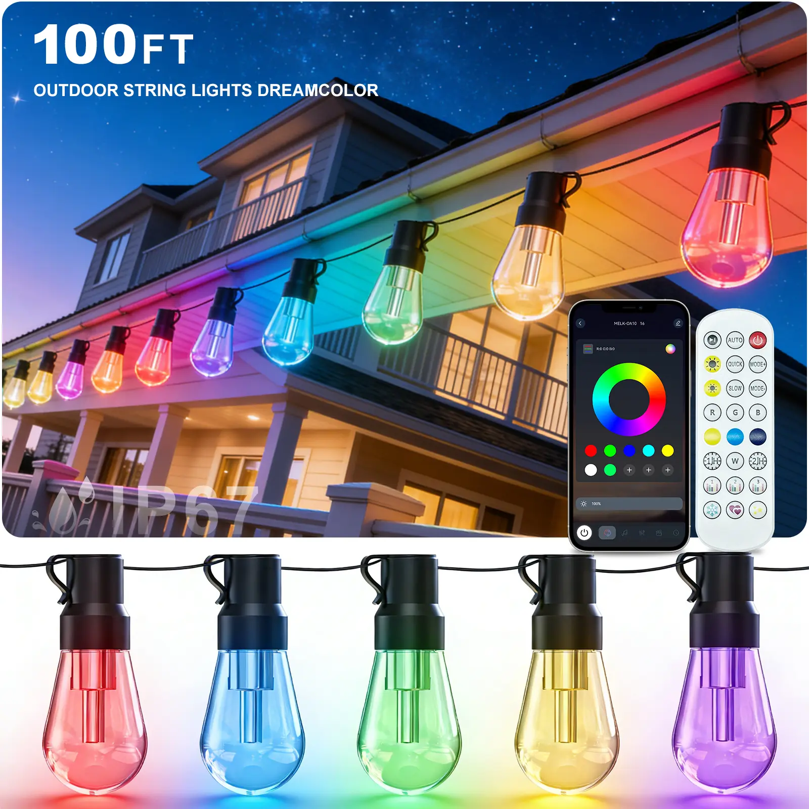 AHRLHR RGB+IC Outdoor String Lights Bulbs IP67Waterproof LED Color Changing Smart App HangingShatterproof Light with Remote Controller for Outside,Patio, Backyard, Garden, Party