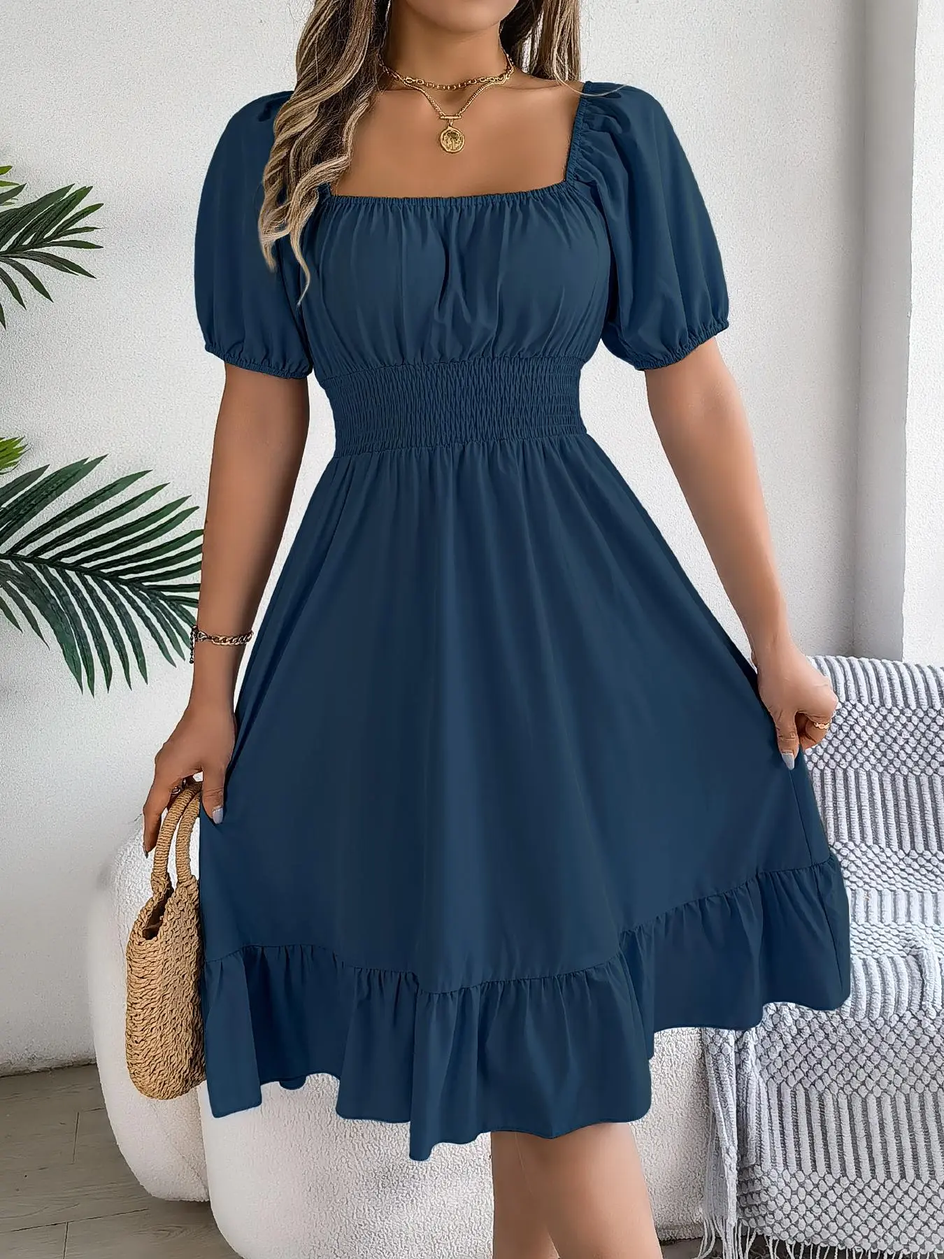 Women's Casual Fitted Plain Ruffle Hem Shirred Puff Sleeve A-Line Dress, Elegant Aesthetic Feminine Short Sleeve Square Neck Knee-Length Dress for Summer, Ladies French Style Dress for Beach Holiday, Casual Wear - Women's Casual Fitted Plain Ruffle Hem Shirred Puff Sleeve A-Line Dress, Elegant Aesthetic Feminine Short Sleeve Square Neck Knee-Length Dress for Summer, Ladies French Style Dress for Beach Holiday, Casual Wear -
