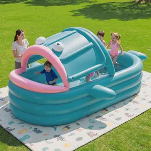 Inflatable Kiddie Pool with Canopy, Giant Fish Blow Up Pool for Kids Toddlers Adults, Thickened PVC Family Pool, 3 Air Chambers, 126"x86.61"x20.47" Backyard Summer Splash,garden tub