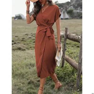 Outfit Vacation Maxi Wrap Surplice Solid Women tiktok Holidaya Color Neck Batwing Sleeve Knotted Dress Beach