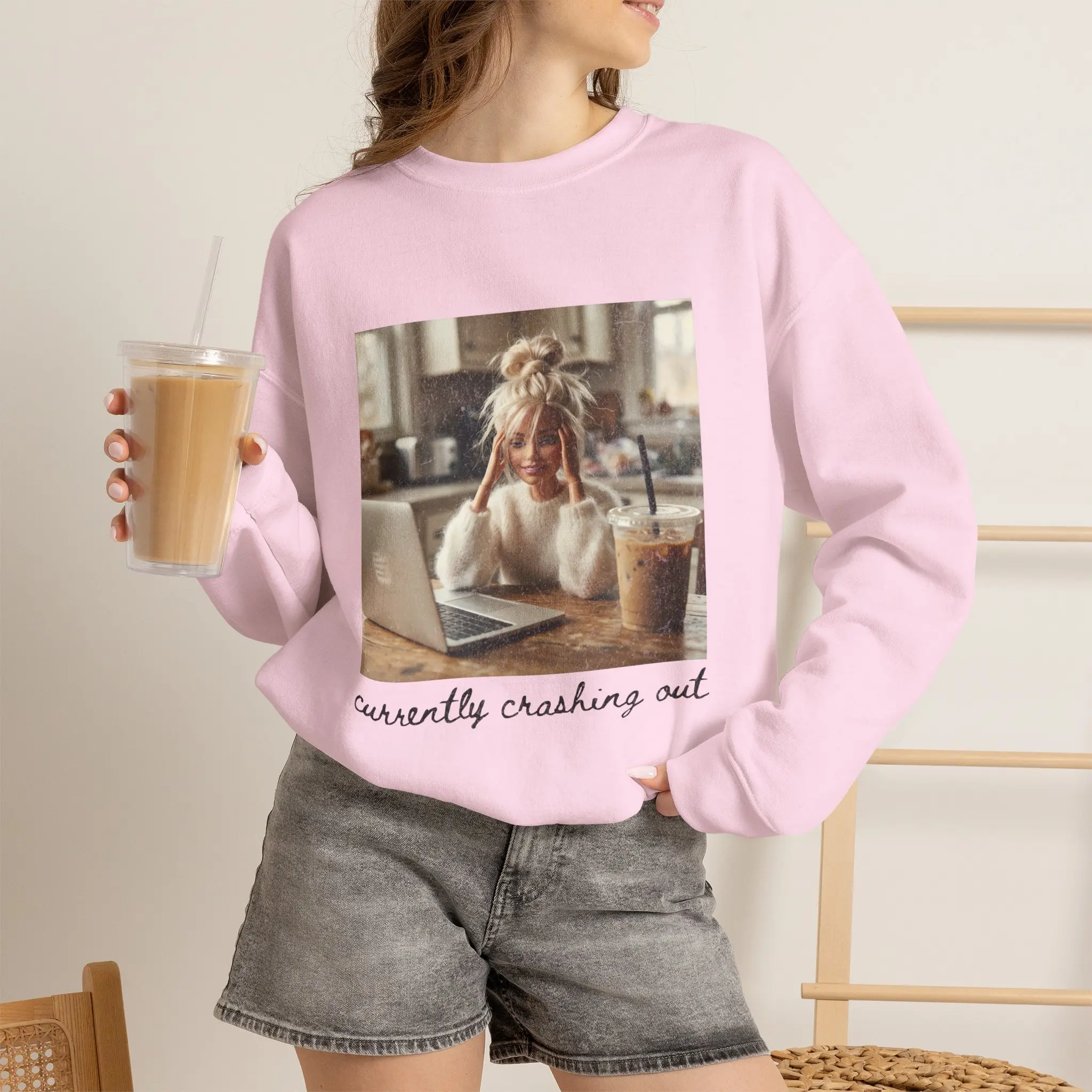 Currently Crashing Out sweatshirt | cozy laptop coffee aesthetic, relaxed study vibe