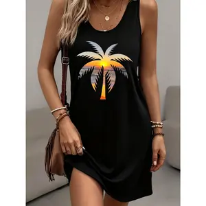 Sunset Palm Tree Print Dress, Loose Fit For Everyday Wear, Machine Washable, Comfortable And Soft, Suitable For Daily And Outdoor Wear In All Seasons, An Elegant Must-have Women'S Garment, Dresses For Women