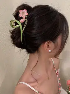 Large Hand-Painted Pearl Lily Flower Metal Hair Claw for Updos, Enamel Hair Accessory Perfect for Daily Wear and Travel, Stylish Floral Hair Clip Hairpin