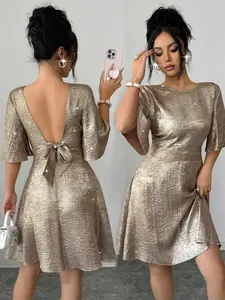 Women's Backless Bow Tie Flare Half Sleeve Short Flared Dress, Spring Summer Fashion, New Arrival, Casual Party Wear, Womenswear