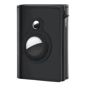 GAOCHALE AirTag Wallet Genuine Leather Air Tag Wallet RFID Technology Credit Card Holder with Minimalist Wallet for Men for Apple AirTag (No Airtag Included)(Black)