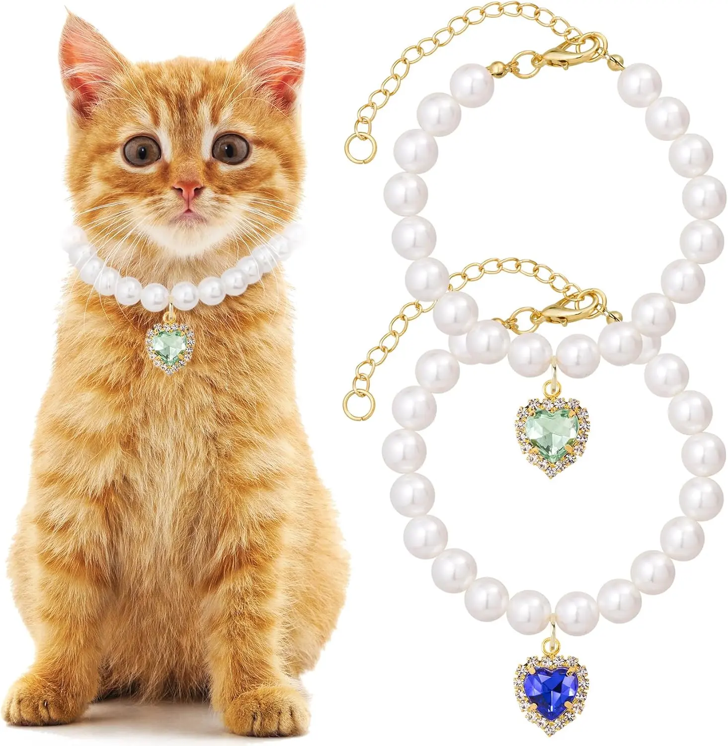 2 Pack Pearl Pet Collar Rhinestone Heart Necklace Adjustable Dog Cat Jewelry Accessories for Small Pets Wedding Party Photo Gift Fashion Pet Accessories campingessentials