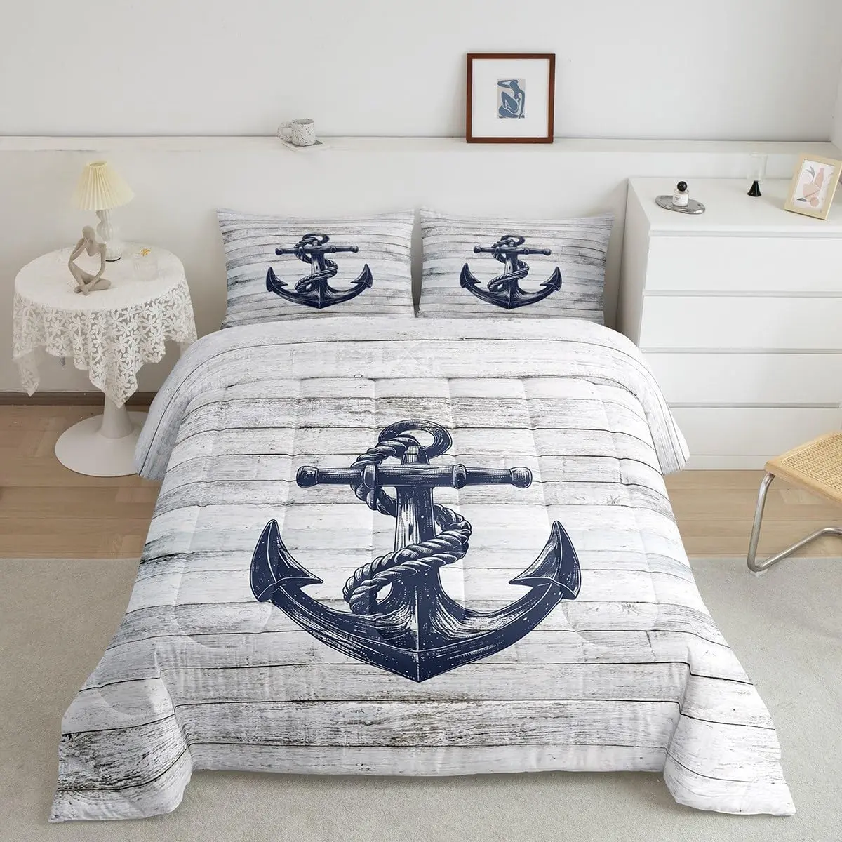 Anchor Decor Designer Comforter Set,Nautical Themed Comforter,Ocean Luxury Bedding Set,Bedroom Decor Rustic Wooden Duvet Set, Sea Adventure Quilt Set, Comfy Bedding Set, Bedroom Bedding Sets