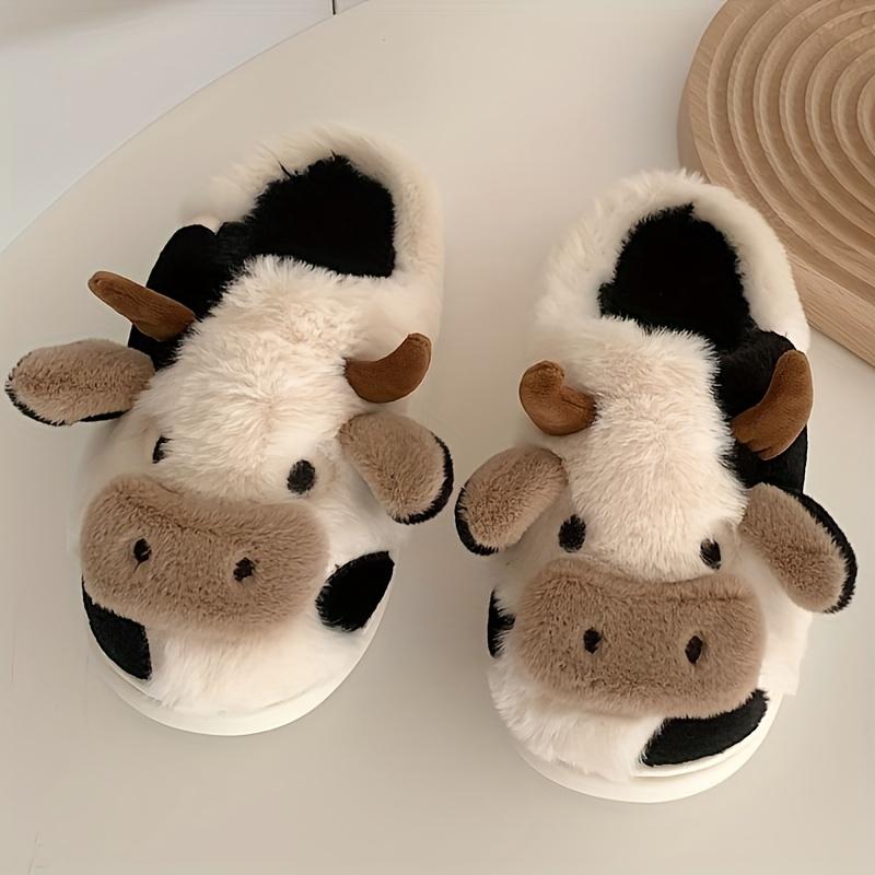 Cute Cow House Slippers for Couple, Kawaii Fuzzy Cozy Funny House Shoes, Cartoon Animal Design Plush Fluffy Slippers for Women & Men, Silent Anti-slip Slippers, Matching Trendy Warm Slippers